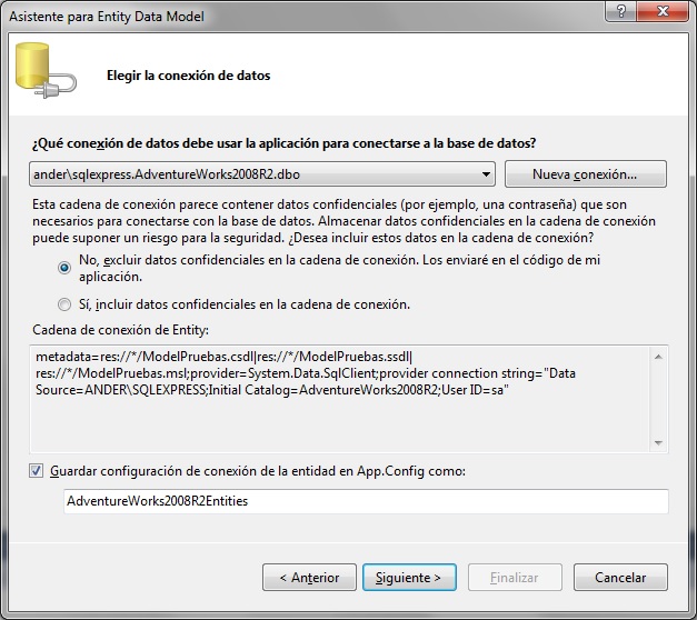 Configuración credenciales de la base de datos