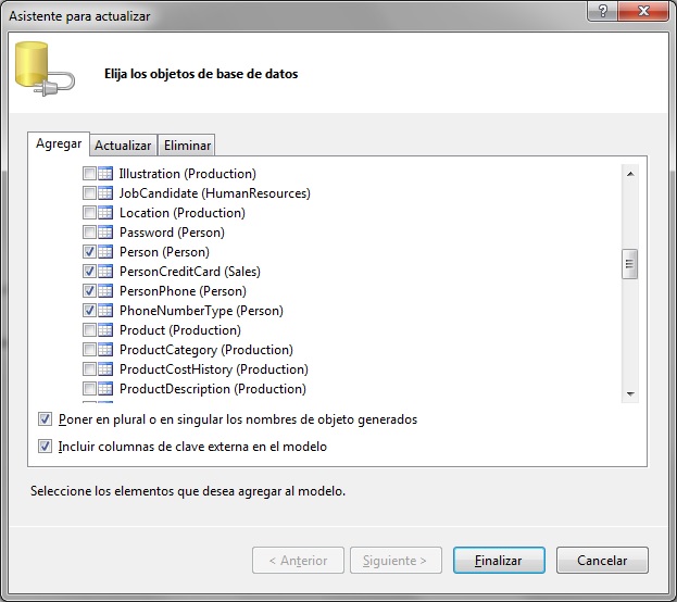 Elección de tablas de la base de datos